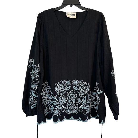Savanna Jane Women's Size L Large Black with embroidery at sleeves and hem Boho - Picture 1 of 12